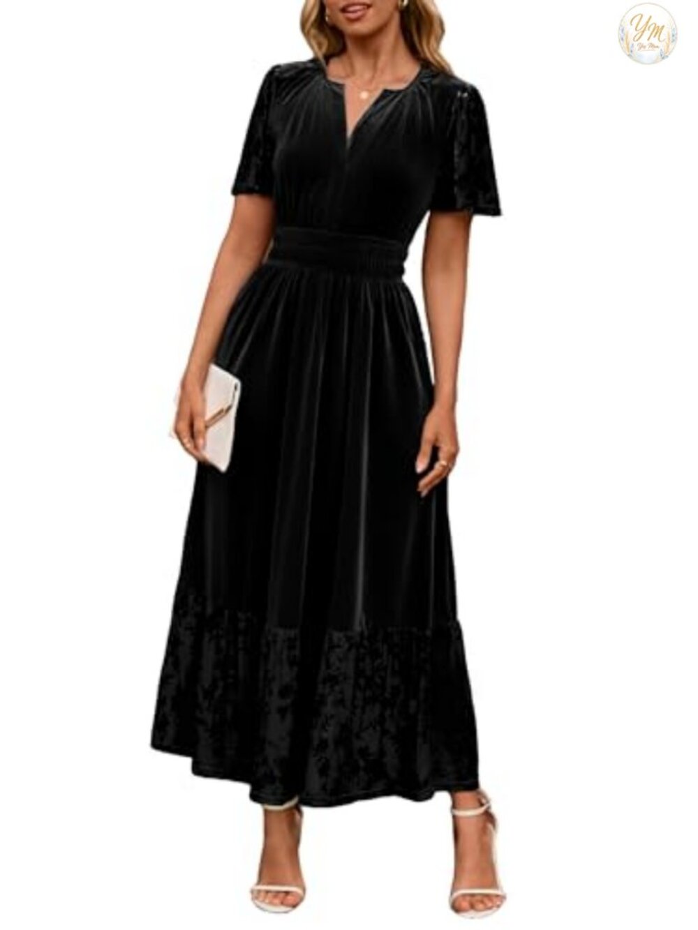 Velvet Maxi Dress V Neck Floral Short Sleeve Formal Wedding Guest